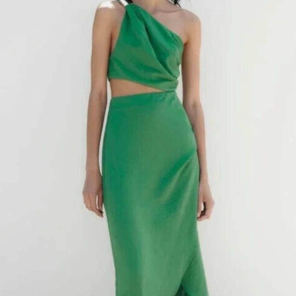ZARA Green Cutout One Shoulder Linen Dress Size S